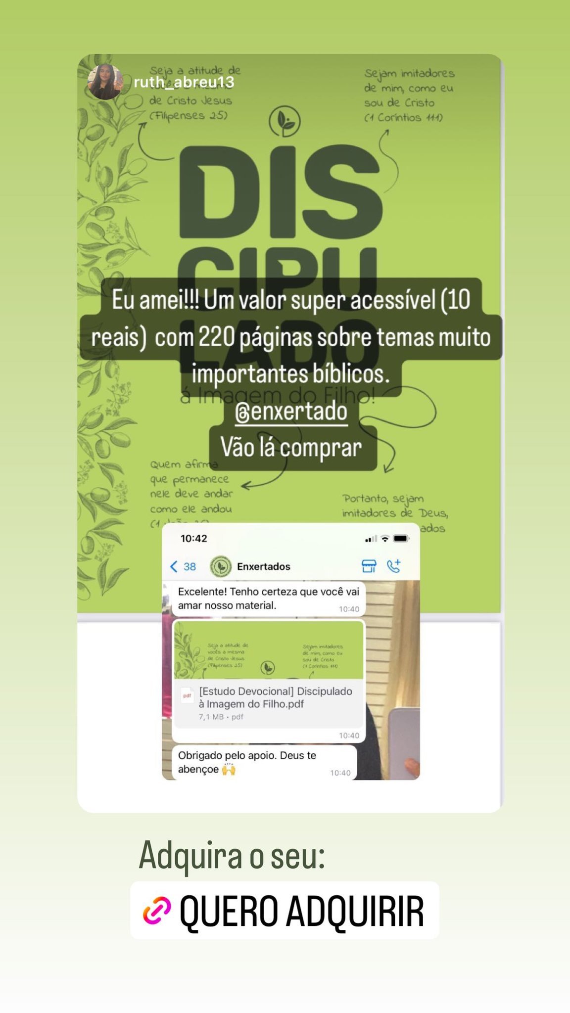 Print do Instagram: leitora recomendando o Discipulado à Imagem do Filho, dizendo "Eu amei! Um valor super acessível com 220 páginas sobre temas muito importantes bíblicos"